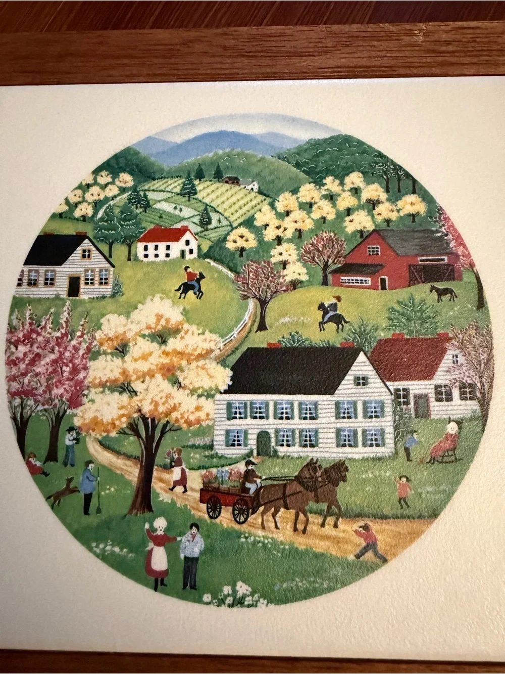 Framed Folk Art Country Scene trivet/wall art tile in a Wood Frame - Multicolori